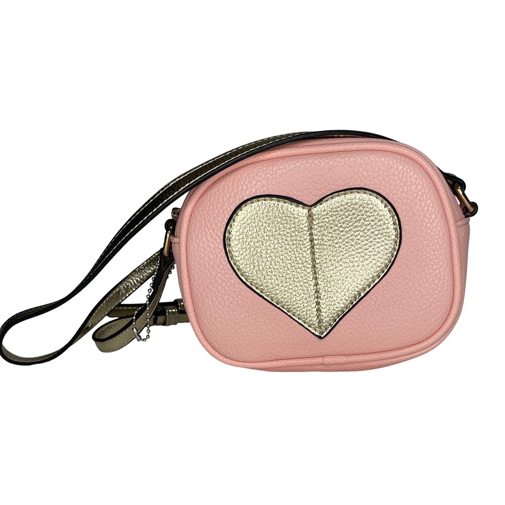 Mibasies Kids Pink Faux Leather Heart Crossbody Bag Metallic Gold Strap Purse